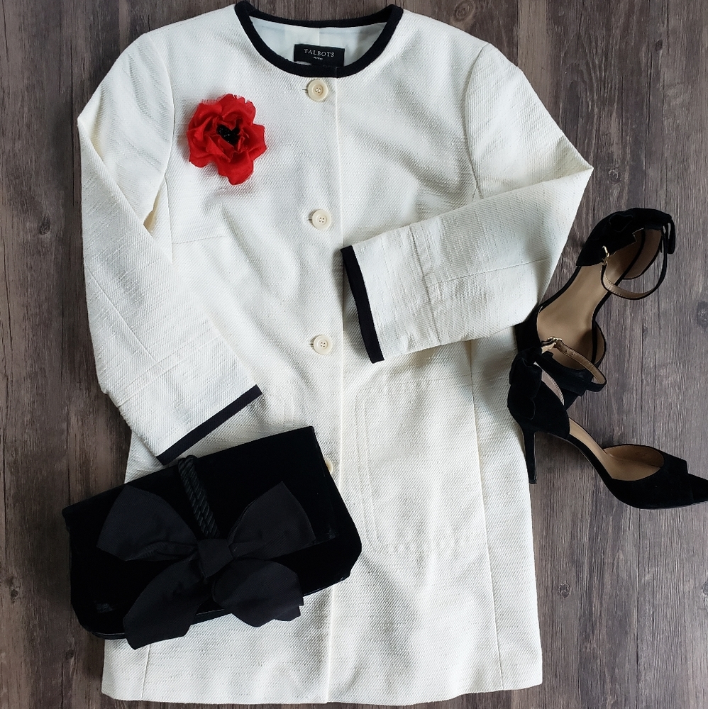 NEW CREAM/BLACK TRIM TEXTURED LINED COAT JACKET NWT